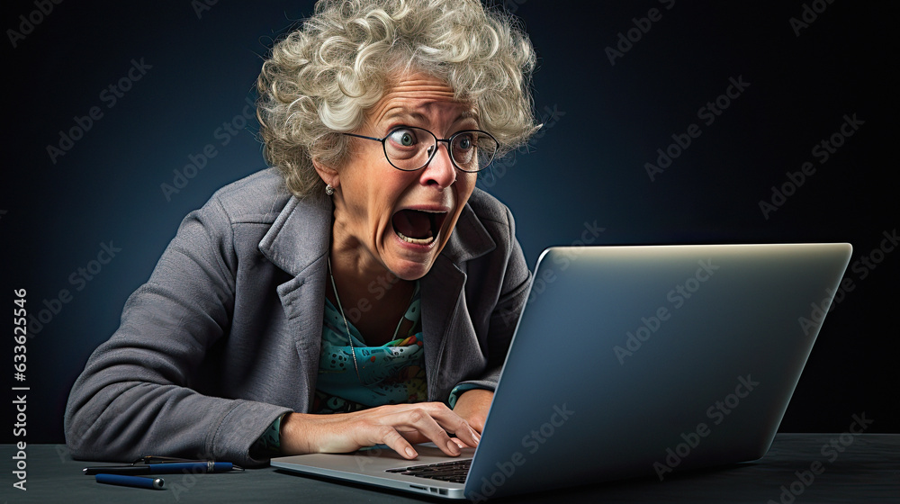woman semi retired person, slumped over a compter frustrated by tech problems they cant solve, funny frustrated angry expression on face - obrazy, fototapety, plakaty 