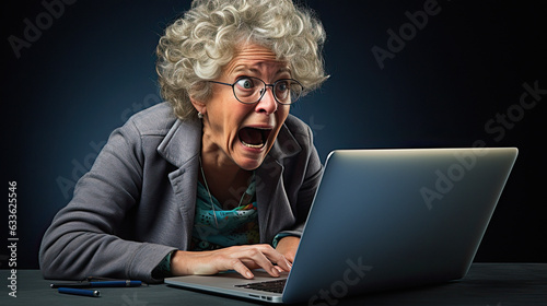 woman semi retired person, slumped over a compter frustrated by tech problems they cant solve, funny frustrated angry expression on face photo