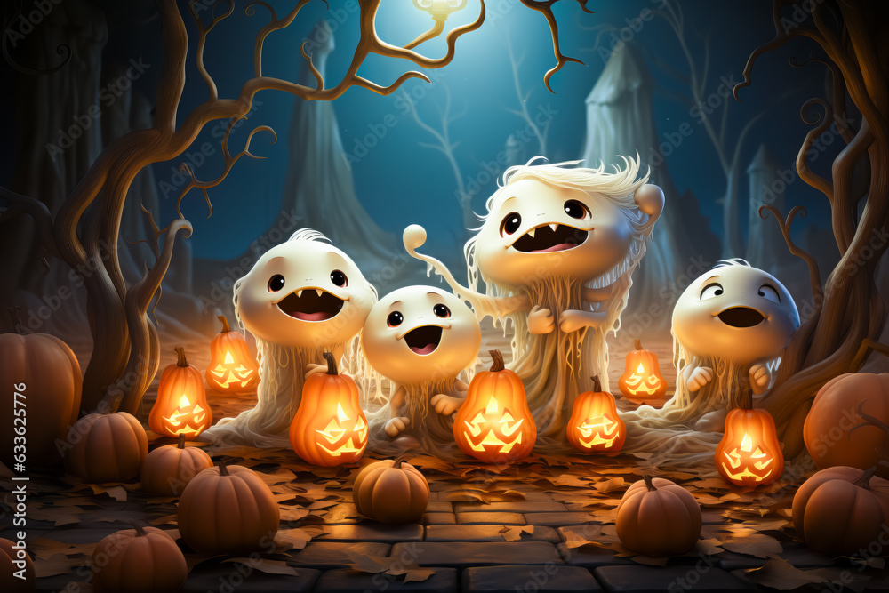 Happy ghosts in the forest in Halloween night