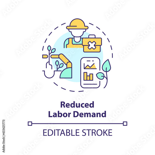 Reduced labor demand multi color concept icon. Automation technology. Agriculture business. Manual worker. Farm industry. Round shape line illustration. Abstract idea. Graphic design. Easy to use