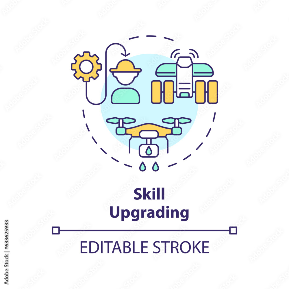 Skill upgrading multi color concept icon. Automation technology. Skilled workforce. Farm worker. Farming tech. New knowledge. Round shape line illustration. Abstract idea. Graphic design. Easy to use Skill upgrading multi color concept icon. Automation technology. Skilled workforce. Farm worker. Farming tech. New knowledge. Round shape line illustration. Abstract idea. Graphic design. Easy to use