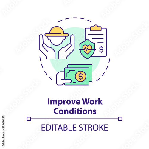 Improve work conditions multi color concept icon. Worker protection. Medical insurance. Farm industry. Safe environment. Round shape line illustration. Abstract idea. Graphic design. Easy to use