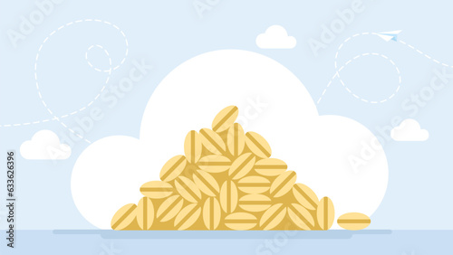 A pile of grain. Golden Wheat. Grains plants and cereal, rye barley and wheat ear. Food package design template, food. Flat vector illustration. 