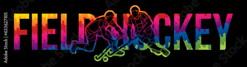 Field Hockey Text with Male Player Cartoon Sport Graphic Vector