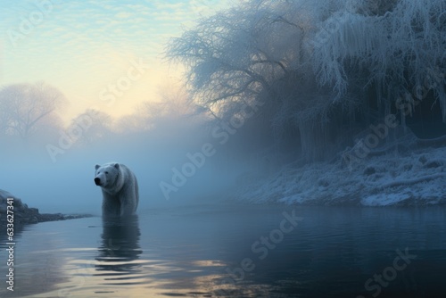 frosty morning with a polar bear taking a plunge in icy lake
