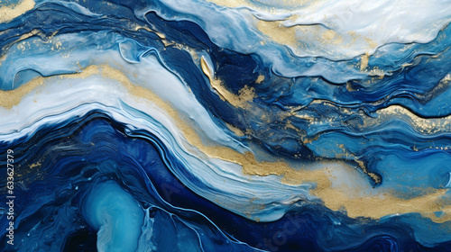 abstract background of liquid paints of white blue and gold shades. Generative Ai.