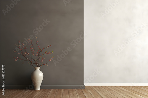 Interior background of room with stucco wall and vase with branch 3d rendering