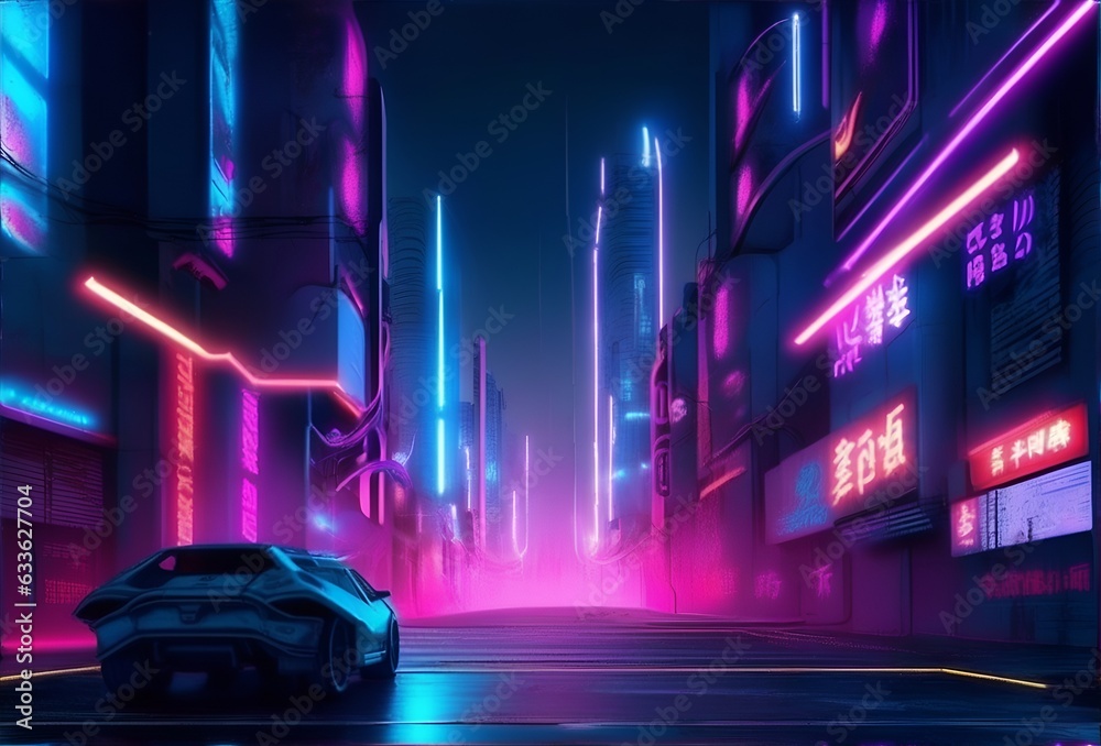 Photorealistic 3d illustration of the futuristic city in the style of cyberpunk. Empty street with neon lights. Beautiful night cityscape. Grunge urban landscape.