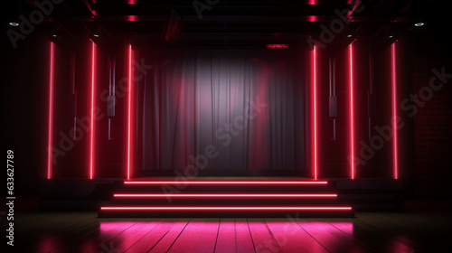 Empty burlesque stage or podium for dance with glowing neon light at dark. Copy space. Luxury vintage retro design. Generative AI