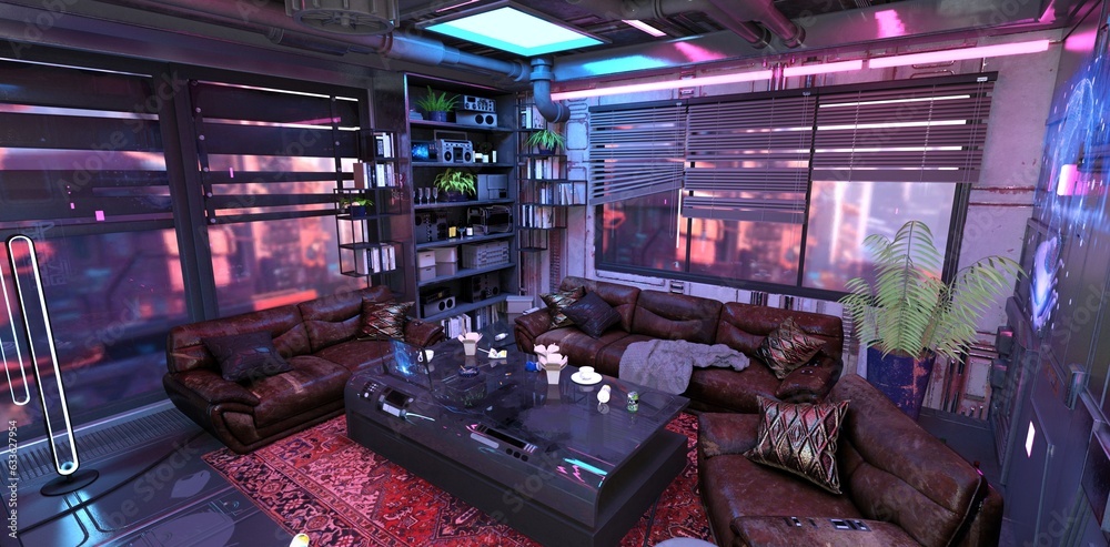 Cyberpunk urban future interior. Neon-lit living room with advanced tech and huge frosted windows. Futuristic furniture and sleek design. A high-tech lair. 3D illustration. Cyberpunk urban future interior. Neon-lit living room with advanced tech and huge frosted windows. Futuristic furniture and sleek design. A high-tech lair. 3D illustration.