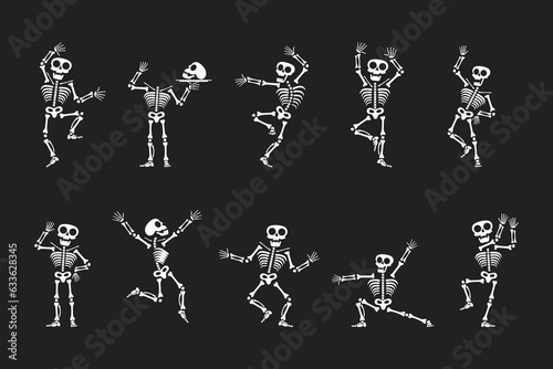 Skeletons dancing with different positions flat style design vector illustration set. Funny dancing Halloween or Day of the dead skeletons collection. Creepy, scary human bones characters silhouettes.