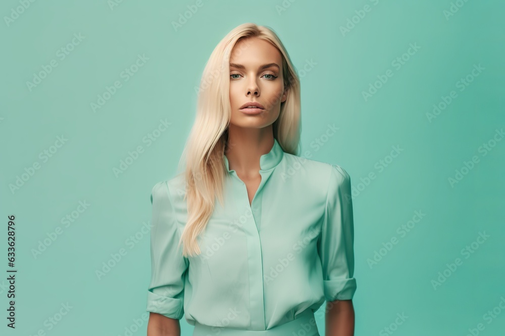 Svelte Blonde Allure: Hypnotic Gaze on Minty Background. Fusion of Elegance and Fitness. Mesmerizing Confidence and Attraction. Graceful Strength in a Captivating Scene. Generative Ai