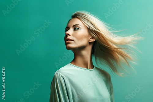 Svelte Blonde Allure: Hypnotic Gaze on Minty Background. Fusion of Elegance and Fitness. Mesmerizing Confidence and Attraction. Graceful Strength in a Captivating Scene. Generative Ai