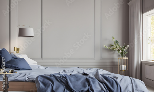 Messy bed against light grey bedroom wall with panel moulding, blue sheets, Generative AI  © insideFairy