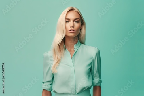 Svelte Blonde Allure: Hypnotic Gaze on Minty Background. Fusion of Elegance and Fitness. Mesmerizing Confidence and Attraction. Graceful Strength in a Captivating Scene. Generative Ai