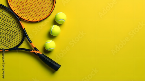 Top-View Tennis Ball and Racket on Yellow Background with Copy Space for tennis sport background