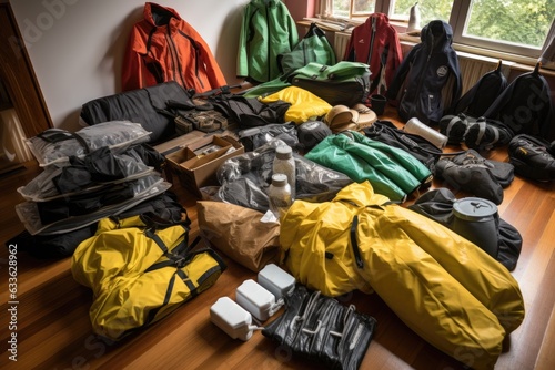 waterproof clothing and gear laid out before packing