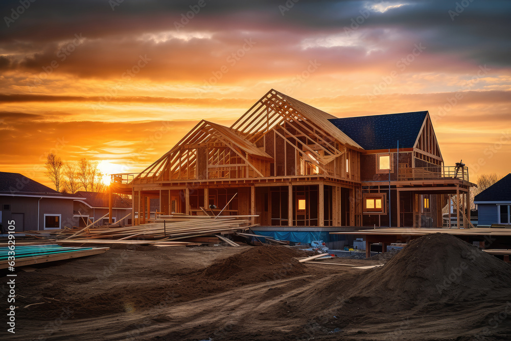 Obraz premium Home Building Under Construction Made From Wood Framing extreme closeup. Generative AI