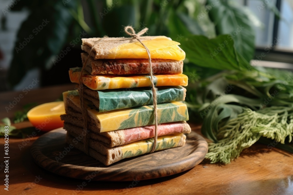 stack of premade sandwiches wrapped in sustainable beeswax wraps Stock