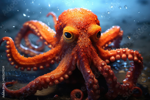 Octopus with Large Eyes Swimming Deep Ocean Water extreme closeup. Generative AI photo