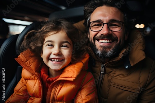 happy father and daughter looking at camera while sitting in backseat of car