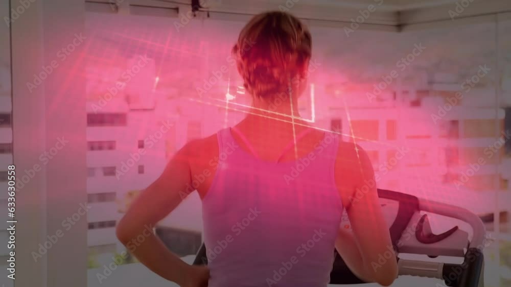 Animation of heart rhythm over rear view of caucasian woman running on treadmill in gym Animation of heart rhythm over rear view of caucasian woman running on treadmill in gym