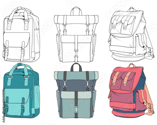 Hand drawn colorfull Vector Set of Backpacks. Cartoon Casual Backpack, cool backpack colorfull. Backpacks Vector illustration.