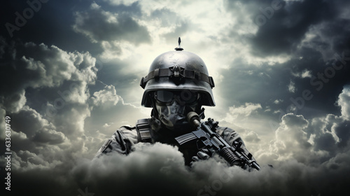 Rifle with helmet dramatic sky