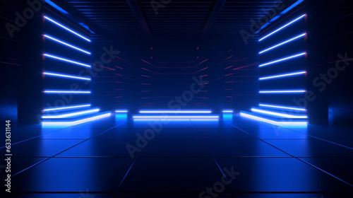 Empty stage or podium, dark room with glowing blue neon lights. Generative AI