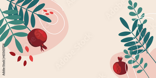 Beautiful background with pomegranate fruit and leaves. Modern design template background for textile, paper, fabric, interior decor, wrapping, wallpaper, packaging. Vector illustration. Shana Tova.