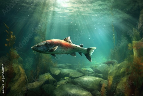 underwater perspective of salmon swimming upstream © altitudevisual