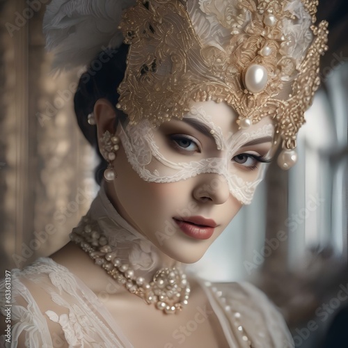A portrait of a person with a mask adorned with delicate lace and pearls, signifying their refined elegance2