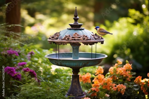 bird feeder placed near a birdbath in a garden setting