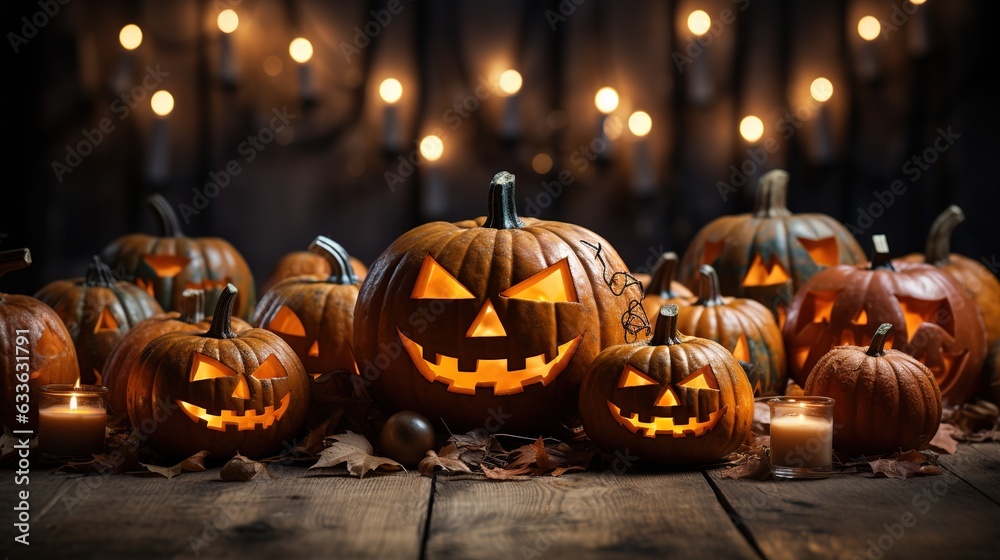 Fototapeta premium Many Halloween smiling pumpkins Jack-o'-lantern