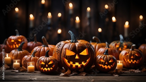 Lot of Halloween smiling pumpkin Jack-o'-lantern on a dark background. Halloween holiday © Natalia S.