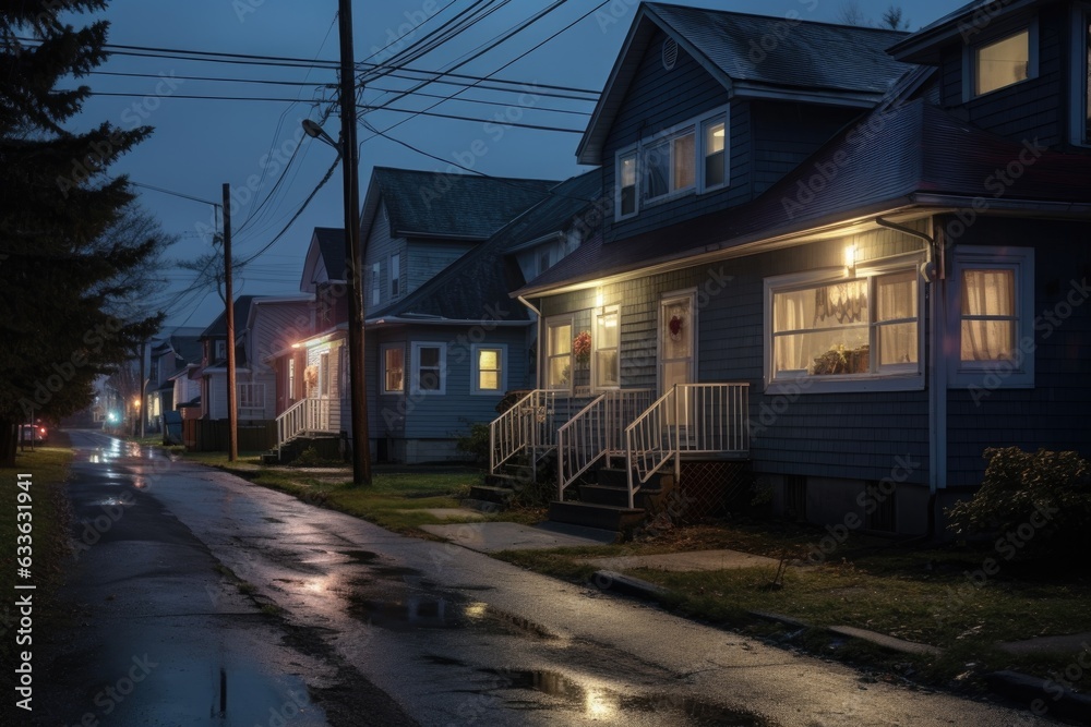 nighttime view of a row of houses with outdoor lights on