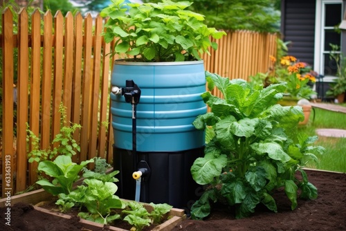 homemade rain barrel to collect water for gardening photo