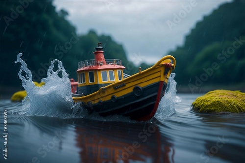 A toy ship moving in a river