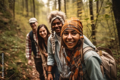 smiling friends hiking through a forest