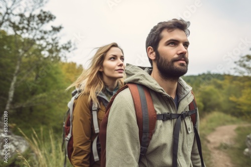 portrait of a young couple enjoying nature while out on a hike © Natalia