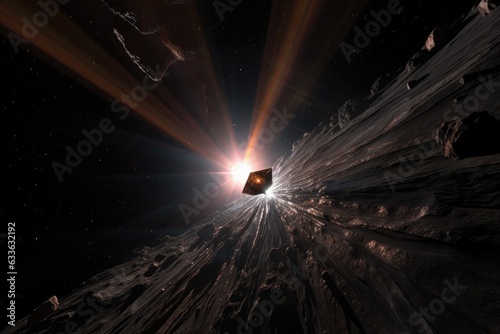 spacecraft with solar sail navigating near asteroid