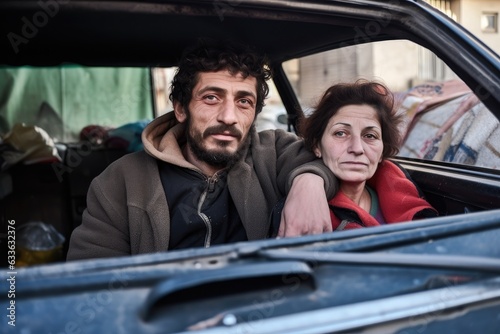 portrait of a couple living on the streets in their car