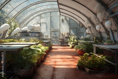 interior view of a lunar base greenhouse