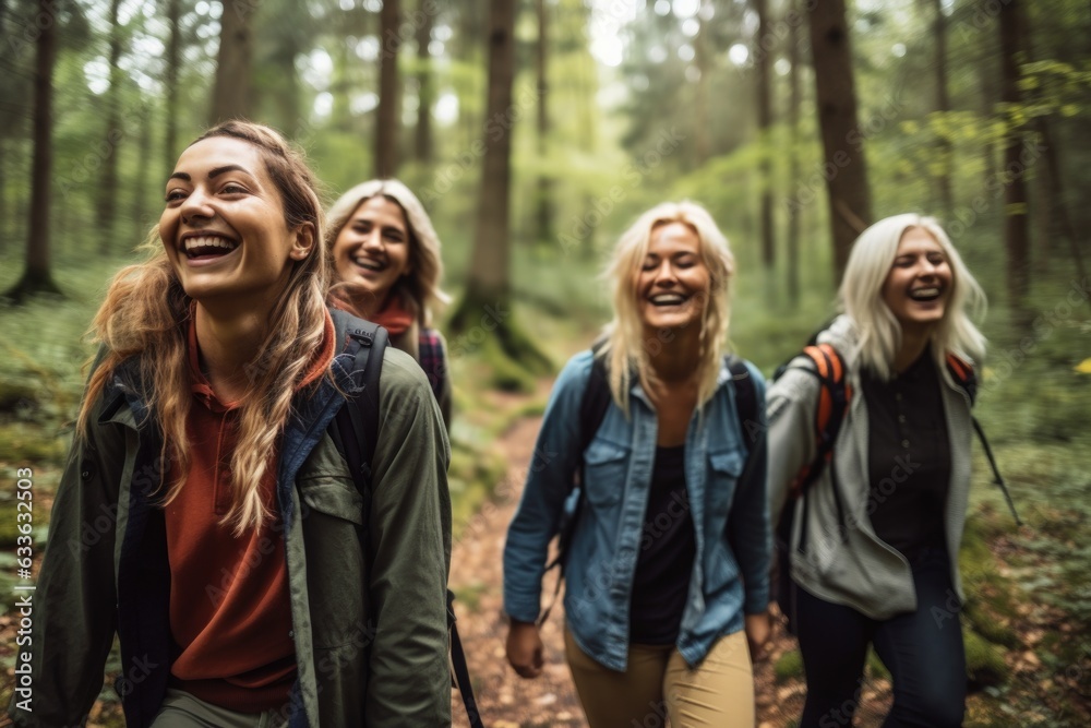 smiling friends hiking through a forest