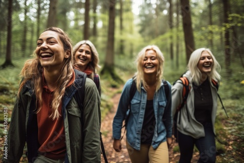 smiling friends hiking through a forest