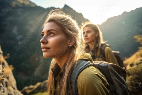 a young woman looking at the view while on a hike with her friends