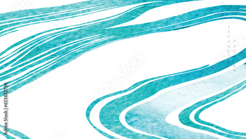 Blue brush stroke texture with Japanese ocean wave pattern in vintage style. Abstract art landscape banner design with watercolor texture vector