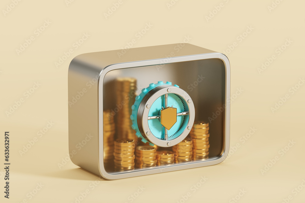 Transparent safe with gold coins inside. The concept of saving money, bank deposit with interest, saving money savings. 3d rendering