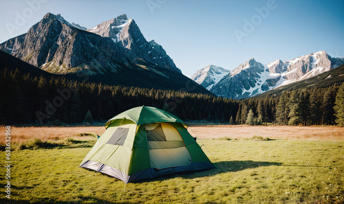 green outdoor tent camping alone on green grass with big mountains and forest in back, generative AI