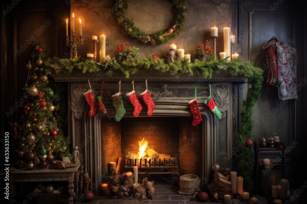 fireplace with a festive holiday theme, including stockings and garlands